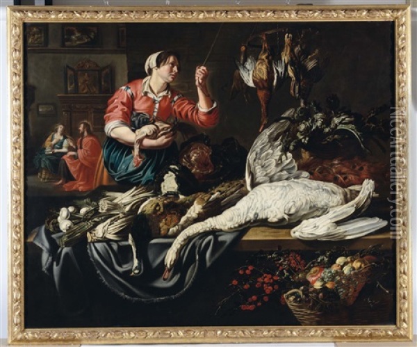 Scena Di Cucina Con Cristo Nella Casa Di Marta E Maria Oil Painting - Adriaen van Utrecht