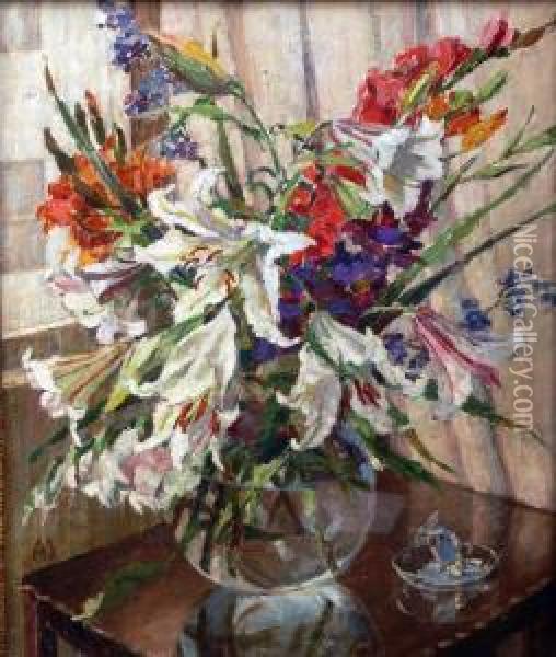Still Life Of Flowers In A Glass Vase With Lilies Oil Painting - Adele Martin