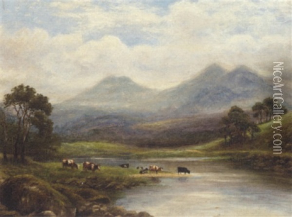 Cattle Watering In A Highland Landscape Oil Painting - John Clayton Adams
