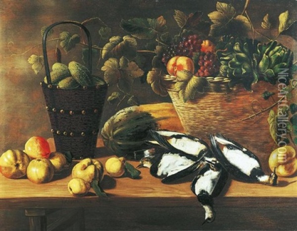 Stilleben Mit Fruchten, Gemusen Und Vogeln Auf Einem Holztisch Oil Painting - Johannes Cuvenes