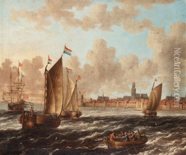 Dutch Ships Outside A City With Wall Oil Painting - Jacobus Storck