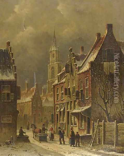 A townview in winter with figures conversing Oil Painting - Oene Romkes De Jongh