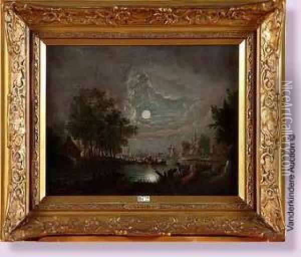Paysage Lacustre Anime Au Clair De Lune Oil Painting - Barend or Bernardus van der Meer