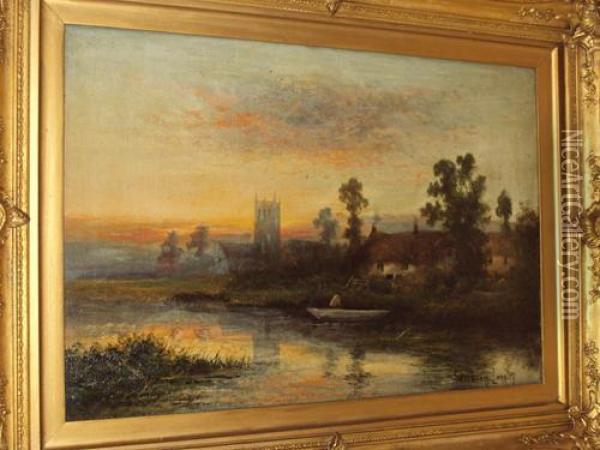 River Landscape At Dusk With Man In A Punt Before A Cottage And Church Oil Painting - William Langley