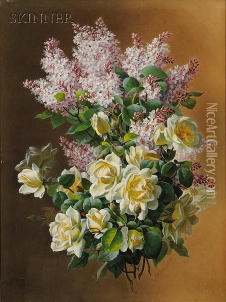 Still Life With Lilacs And Yellow Roses Oil Painting - Paul De Longpre