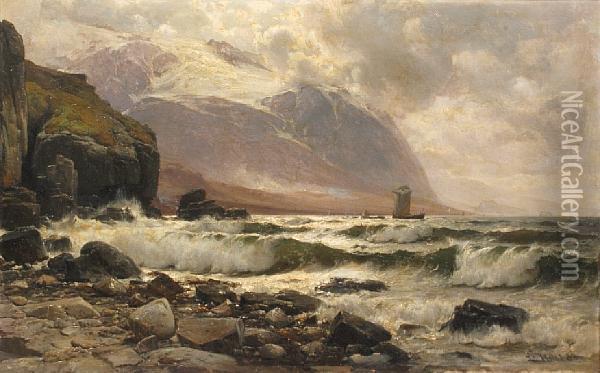 Rocky Coastal Landscape Oil Painting - Lauritz B. Holst