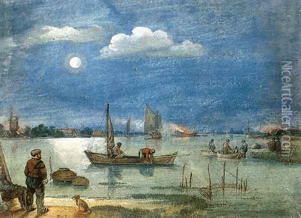 Fishermen By Moonlight 1620s Oil Painting - Hendrick Avercamp