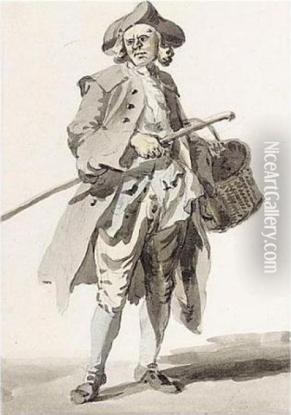 A Man With A Basket And Staff Oil Painting - Paul Sandby