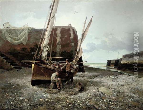 Fishermen Mending Their Nets At Low Tide Oil Painting - Jules Bahieu