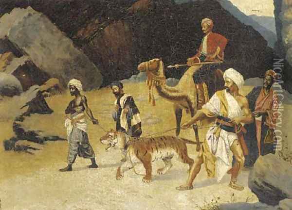 Arabs with a captive tiger Oil Painting - Roupen Seropian