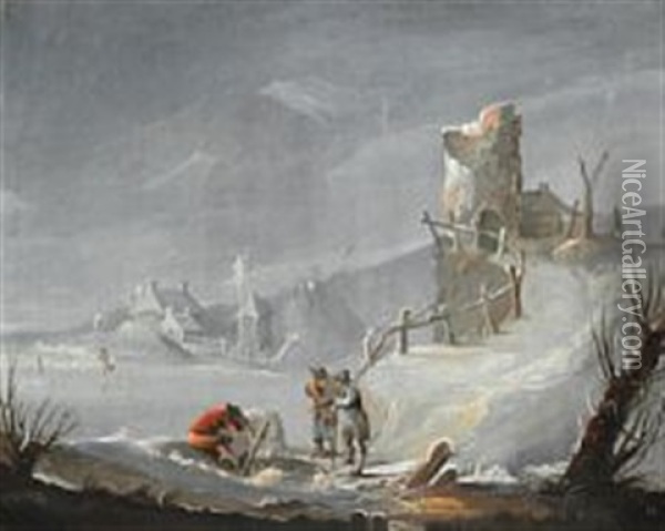 Winter Landscape With Men By A Hole In A Frozen Lake Oil Painting - Peter Cramer