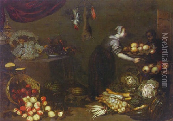 A Larder With A Maid Receiving A Basket Of Fruit From A Servant Oil Painting - Jan van Kessel the Elder