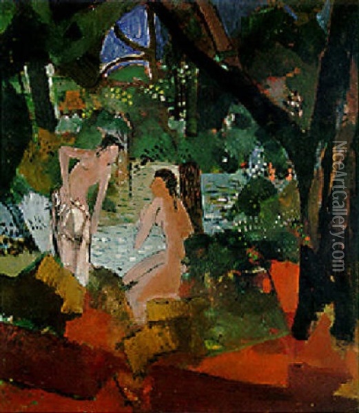 Zwei Frauen Am Fluss Oil Painting - Oskar Moll
