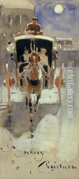 Christmas Card with a Hansom Cab Oil Painting - Joseph Crawhall