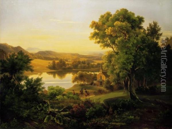Romantic Landscape With A Lake Oil Painting - Georg Kobel