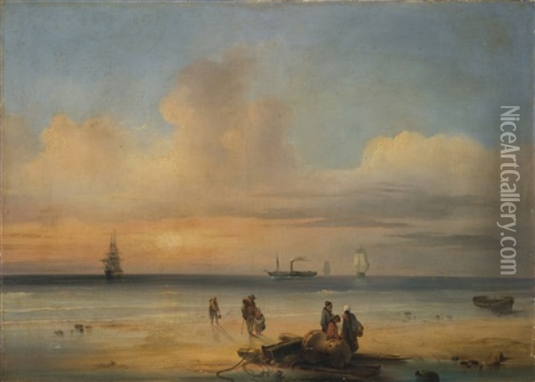 Veduta Di Una Spiaggia Con Battello A Vapore Oil Painting - Giuseppe Canella I
