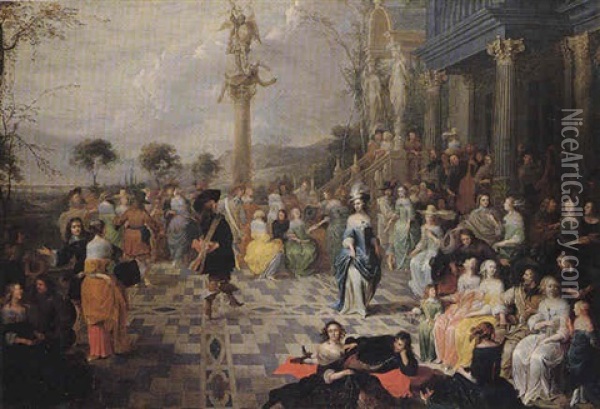 Elegant Figures Dancing On The Terrace Of A Country Villa Oil Painting - Hieronymous (Den Danser) Janssens