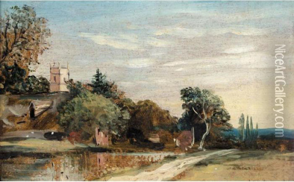 Aylesford Church, Kent, From The River Medway And A Village In A Wooded Landscape Oil Painting - Frederick Waters Watts