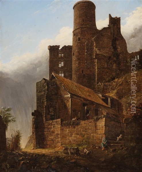 View Of A Ruined Castle Oil Painting - Friedrich J. Ehemant