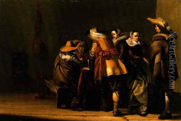 An Interior With Militiamen Playing Tric-trac Watched By Two Elegant Women Oil Painting - Pieter Jacobs Codde