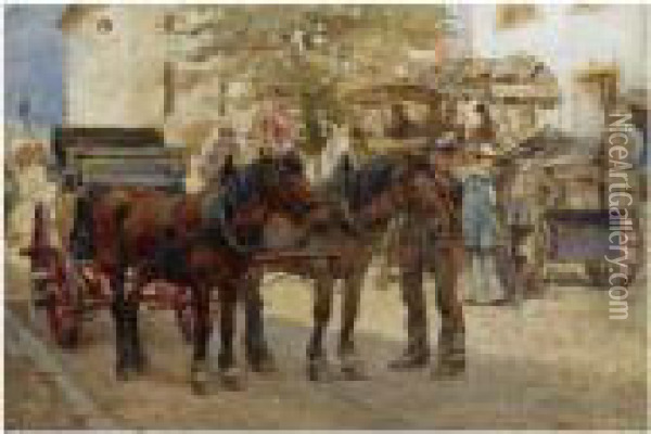 Carriages In The Streets Of A Mountain Village Oil Painting - Jan Hoynck Van Papendrecht