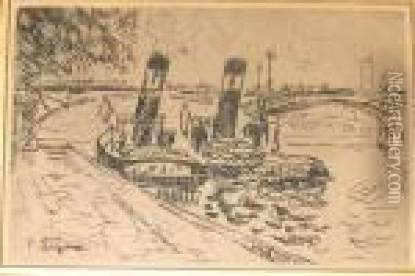 Paris: Le Pont Des Arts Avec Remorquers Oil Painting - Paul Signac