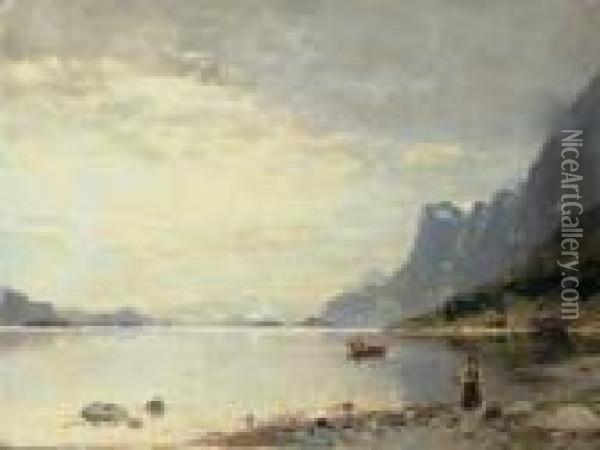 Norwegische Fjordlandschaft Mit Fischerboot. Oil Painting - Georg Anton Rasmussen