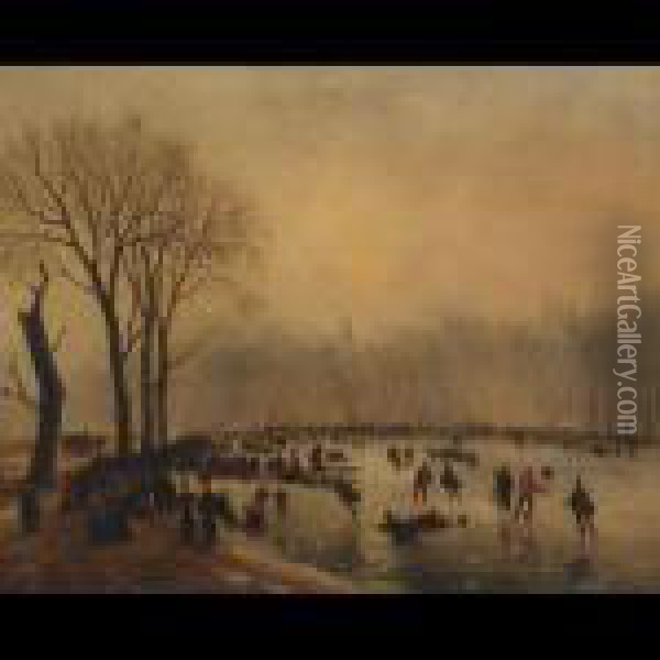Frost Scene, View On The Serpentine, Hyde Park Oil Painting - Nicholas Jan Roosenboom