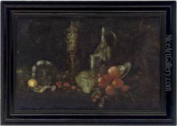 Peaches And Grapes On A Silver Plate Oil Painting - Pieter Gerritsz. van Roestraten