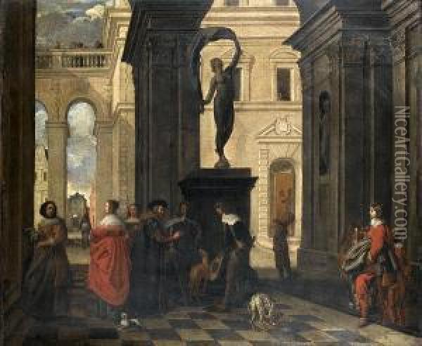 Elegant Figures Gathered In A Palace Courtyard Oil Painting - Jacob Oost The Younger