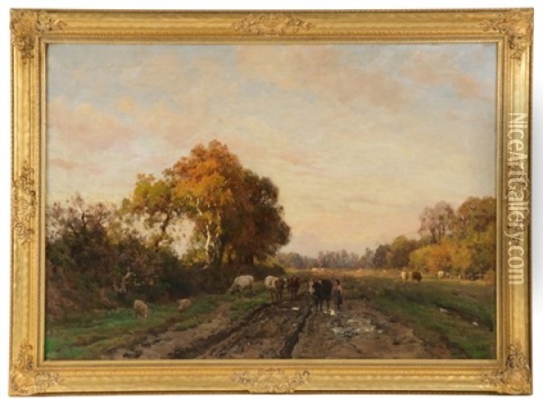 Pastoral Scene With Woman Driving Cows Home Down A Lane Oil Painting - Julius Jacobus Van De Sande Bakhuyzen