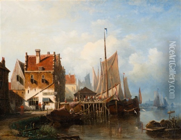 Activity At The Moored Boats In The City Harbour Oil Painting - Johannes Frederik Hulk the Elder