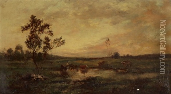 Teichlandschaft Mit Kuhherde Oil Painting - Leon Richet