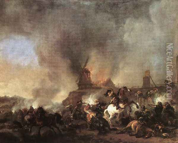 Cavalry Battle in front of a Burning Mill 1660s Oil Painting - Philips Wouwerman