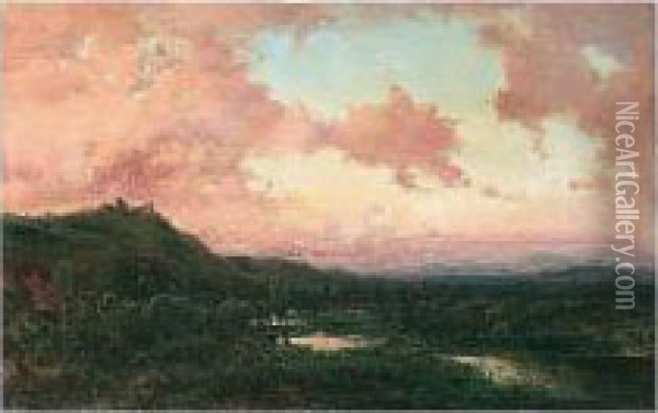 Atardecer (an Evening Landscape) Oil Painting - Baldomero Galofre Y Gimenez