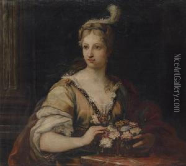 A Lady In A Yellow Dress And Red
 Robe, With A Feathered Headdress,arranging A Basket Of Flowers Oil Painting - Bartolomeo Giuseppe Chiari