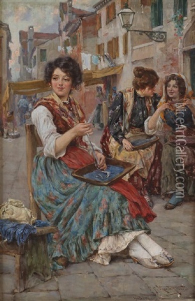 Kvinner Farger Garn Oil Painting - Giuseppe Vizzotto Alberti