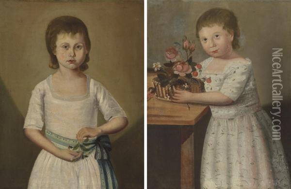 A Pair Of Portraits Depicting Two Sisters Oil Painting - Richard Jennys