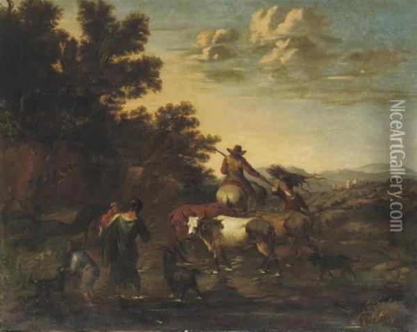 A Shepherd Family With Their Cattle Fording A Stream In Anitalianate Landscape Oil Painting - Nicolaes Berchem