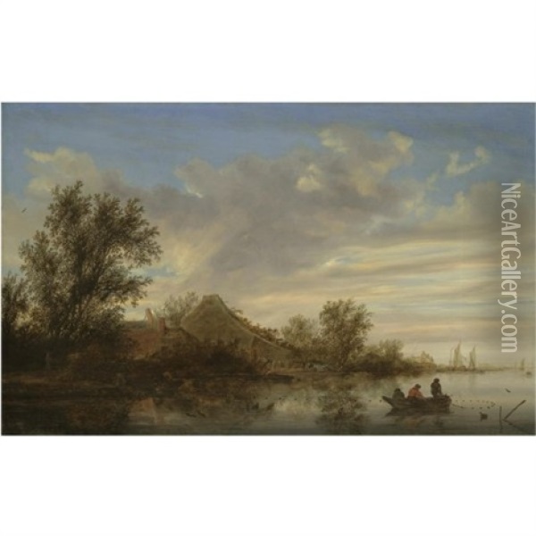 A River Landscape With Fishermen In Rowing Boats Oil Painting - Salomon van Ruysdael
