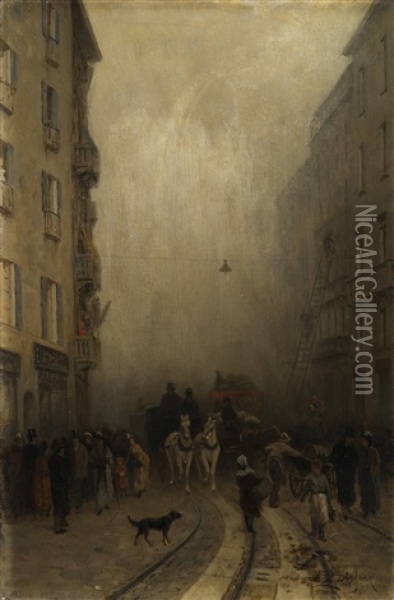 L'incendio Sul Corso (nebbia Sul Corso) Oil Painting - Luigi Steffani