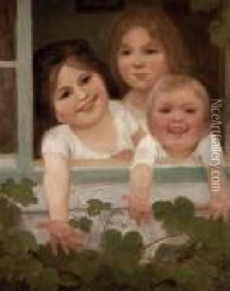 Drei Kinder(geschwister) Am Fenster Oil Painting - Carl Von Bergen