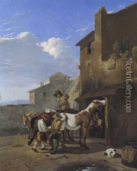 Ein Pferd Vor Einer Hufschmiede Beschlagen Oil Painting - Karel Dujardin