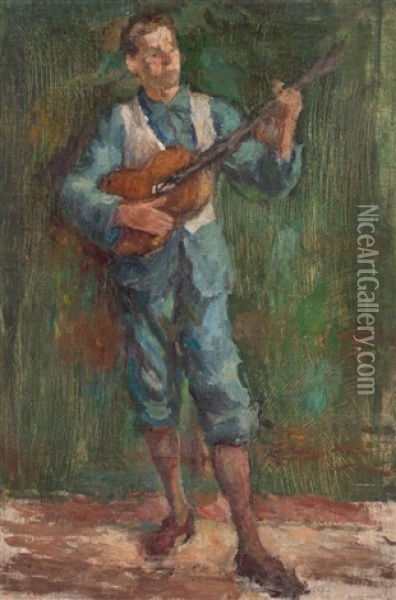 Portret Malarza Juliusza Studnickiego Z Gitara Oil Painting - Karol Larisch