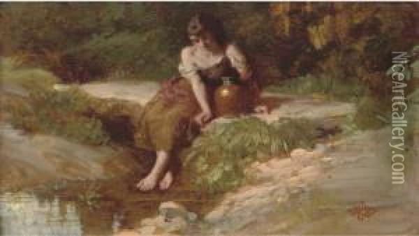 Resting At The Stream Oil Painting - Henry Le Jeune