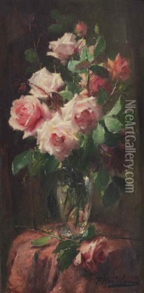 A Bouquet Of Pink Roses Oil Painting - Frans Mortelmans