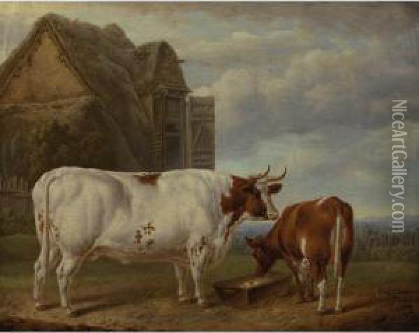 A Pair Of Prize Shorthorn Cattle In A Farmyard Oil Painting - Charles Towne