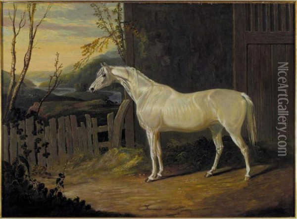 A Grey Arab Mare Outside A Stable In An Extensive River Landscape Oil Painting - John Frederick Herring Snr