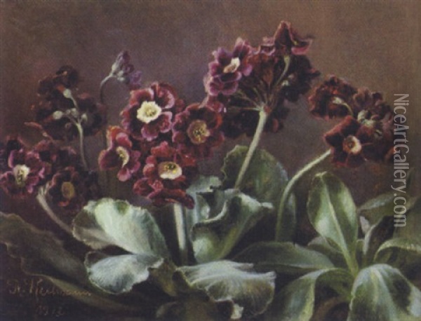 Voksende Lilla Primula I En Potte Oil Painting - Flora Heilmann