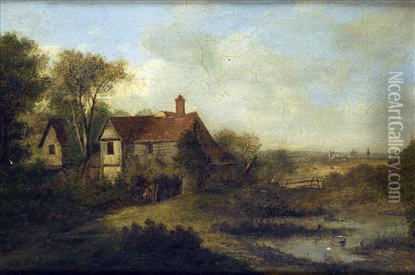 Thefarm Pond, A Wooded Rural Scene With Figure And Ducks Oil Painting - Patrick, Peter Nasmyth